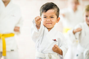 Mehrere Kinder trainieren in einer typischen Karate Pose